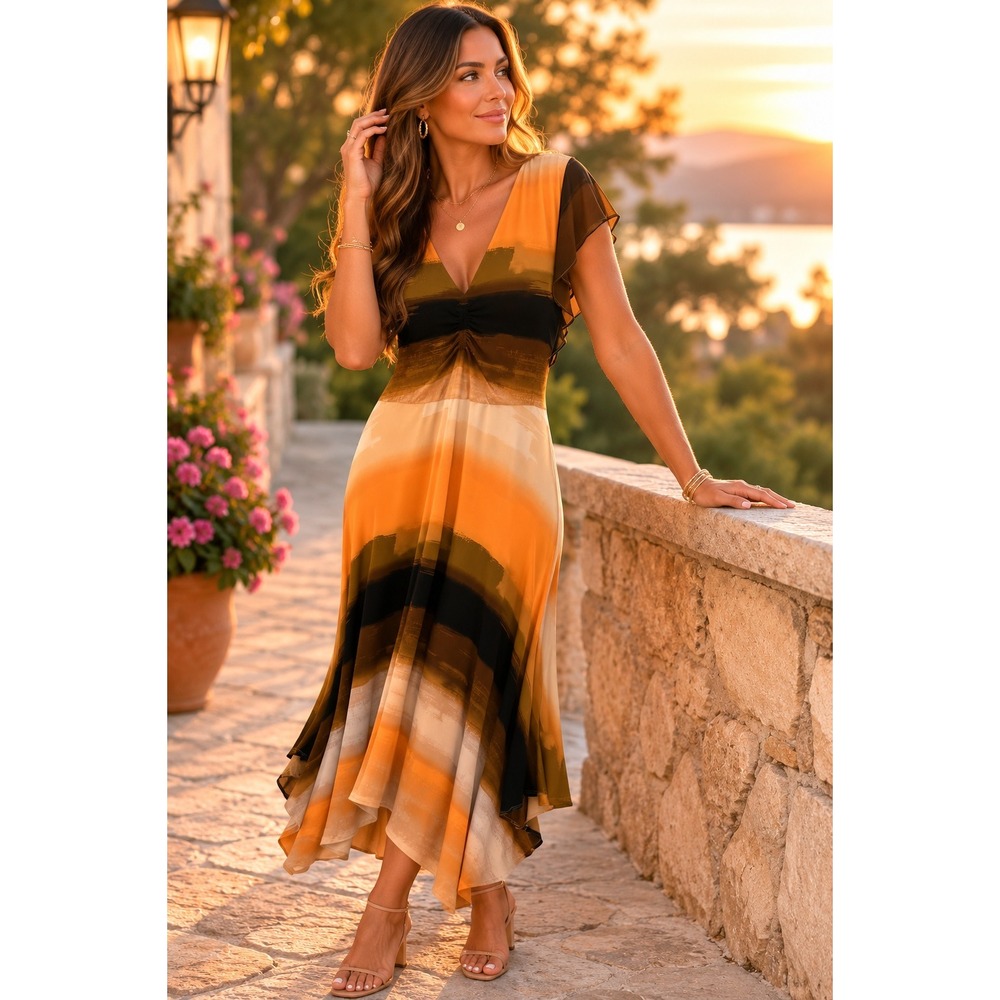 NWT Calvin Klein L Gradient Abstract Midi Flutter Sleeve Midi Dress Earth Tones
